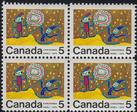 Canada 522i - 5¢ 1970 Christmas Centre Block of 4 with 522iii, VF-NH