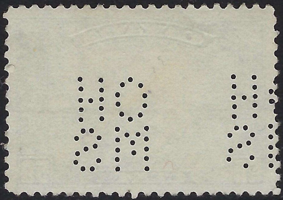 Back of O8-175-1 OHMS 5-hole perfin 50c Grand Pre, NS
