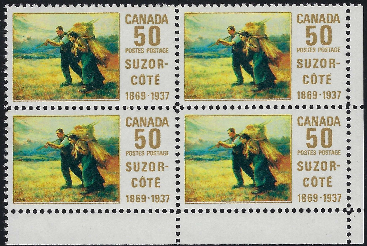 Canada 492 - 50¢ Suzor-Cote LR Corner Block of 4, VF-NH